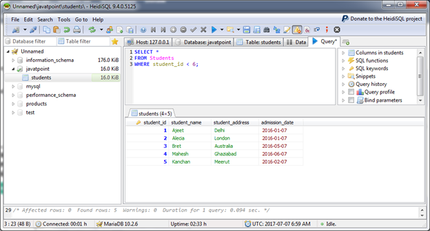 Mariadb Where clause 1